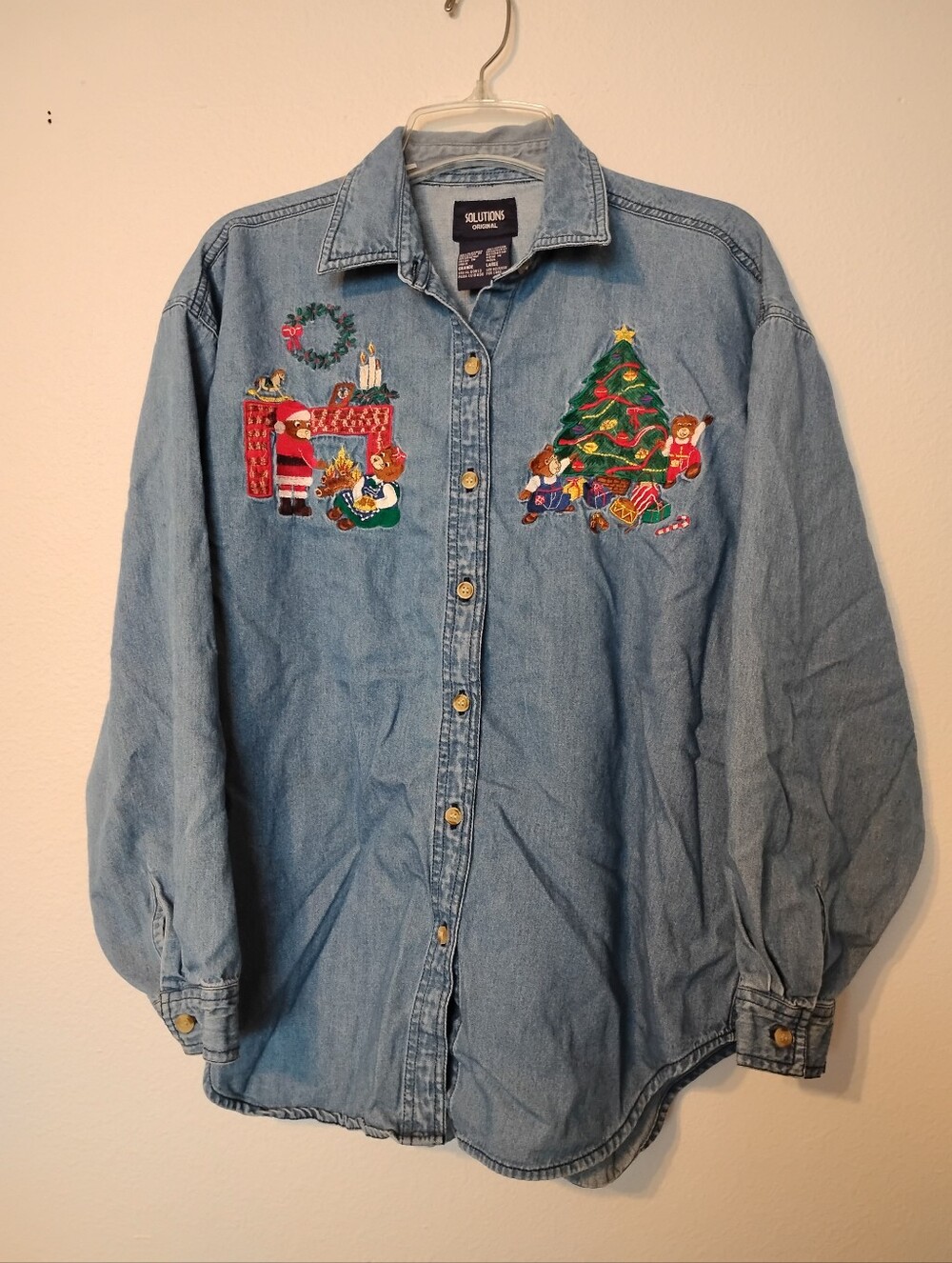 Solutions Original Christmas Tree Fireplace Teddy Bear Holiday Button Up T-Shirt